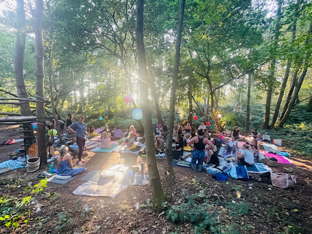 people in a forest doing yoga